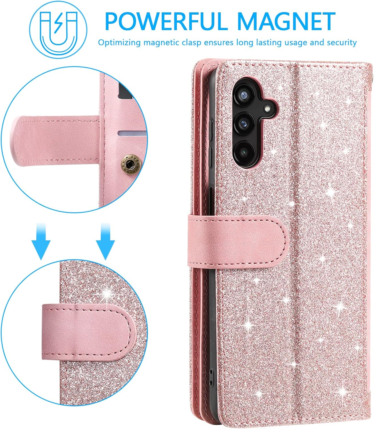 EYZUTAK Wallet Phone Case for Samsung Galaxy A15 4G/5G, Retro Matte 9 Card Holder Slots Zipper Pocket Handbag Case PU Leather Magnetic Closure Kickstand with Wrist Strap Flip Purse Case - Rose Gold image number 3
