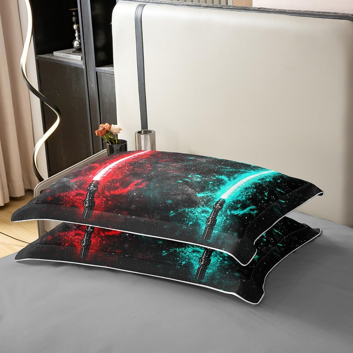 100% Cotton Neon Red Teal Lightsaber Bed Linen Set 200 X 200, Neon Glowing Lightning Comfort Cover for Children Teens, Fashion Games Duvet Cover Light Sword Technology Bed Set with 2 Pillowcases image number 1