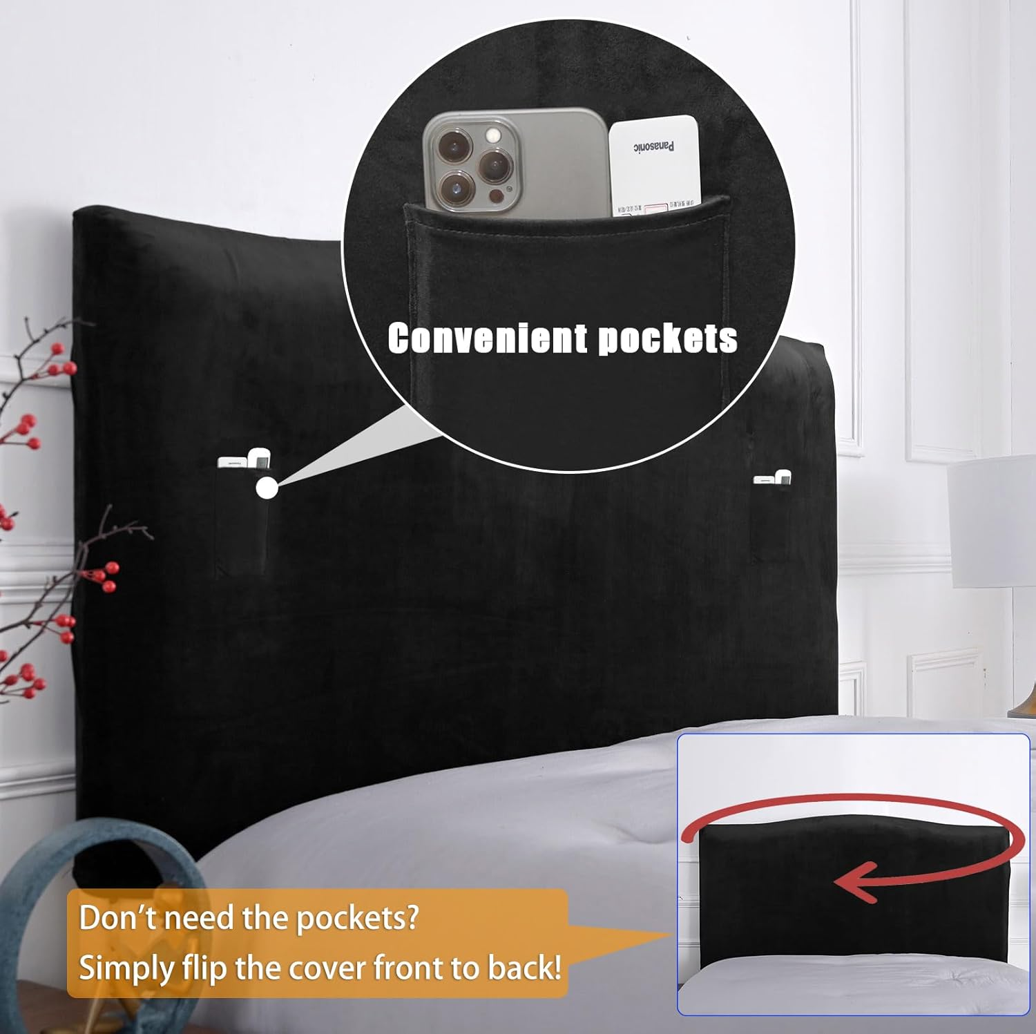 WOMACO Velvet Bed Headboard Slipcover Protector Stretch Solid Color Dustproof Cover for Bedroom Decor, Plush Black, Full (47"-55") image number 3