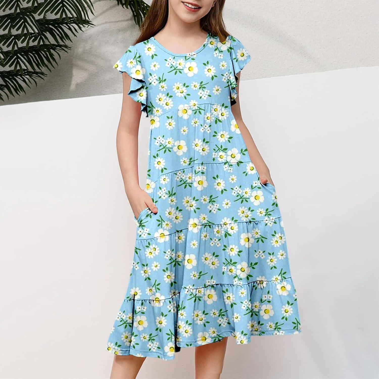 Summer Dresses Girls Casual Dresses Beach Dress Teenager Knee-Length Girls Dresses Casual Midi Dress Short Sleeve Party Dress Princess Dress Children'S Dress 6-15 Years image number 6