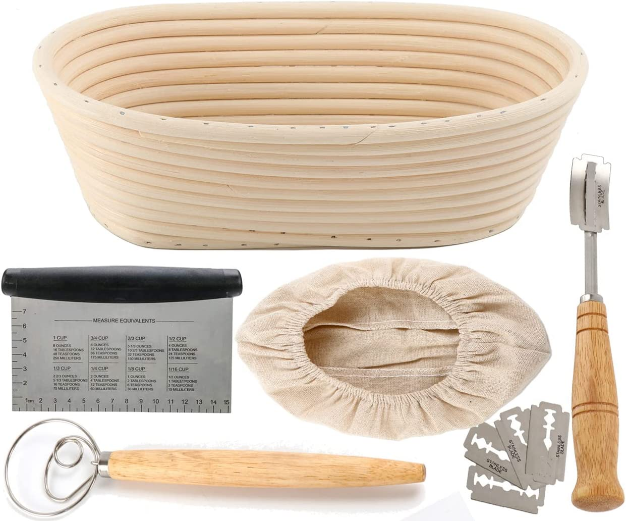 10Inch Oval Bread Proofing Basket Set Sourdough Bannetons Fermentation Basket with Dough Scraper Dough Whisk Cloth Liner image number 5
