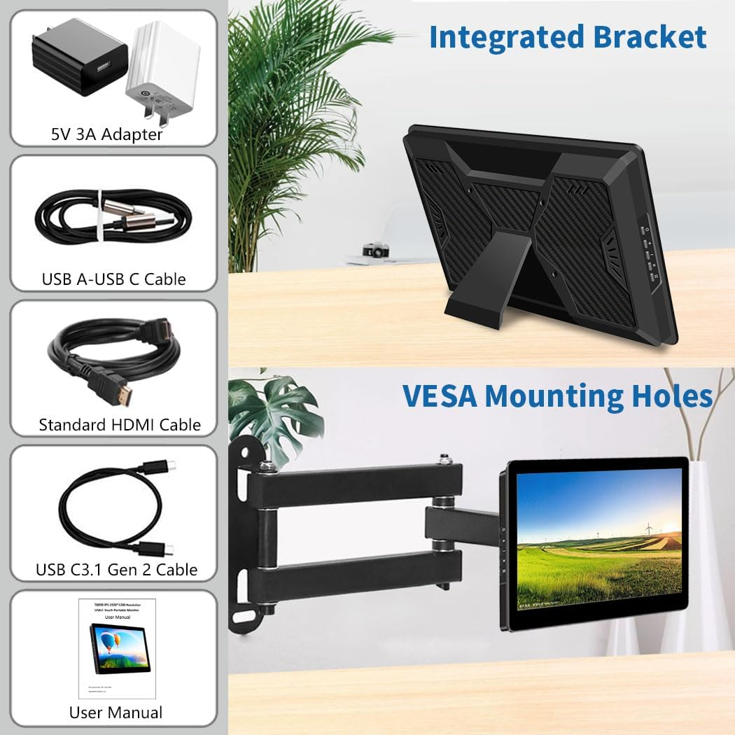 Portable Monitor Touchscreen,8.9 Inch Small Monitor for Computer| 1920 * 1200 |16:10|450Nits|Optical Bonding| HDMI/USB-C Port|Mini Display for Raspberry Pi Laptop Mini PC Mac image number 2