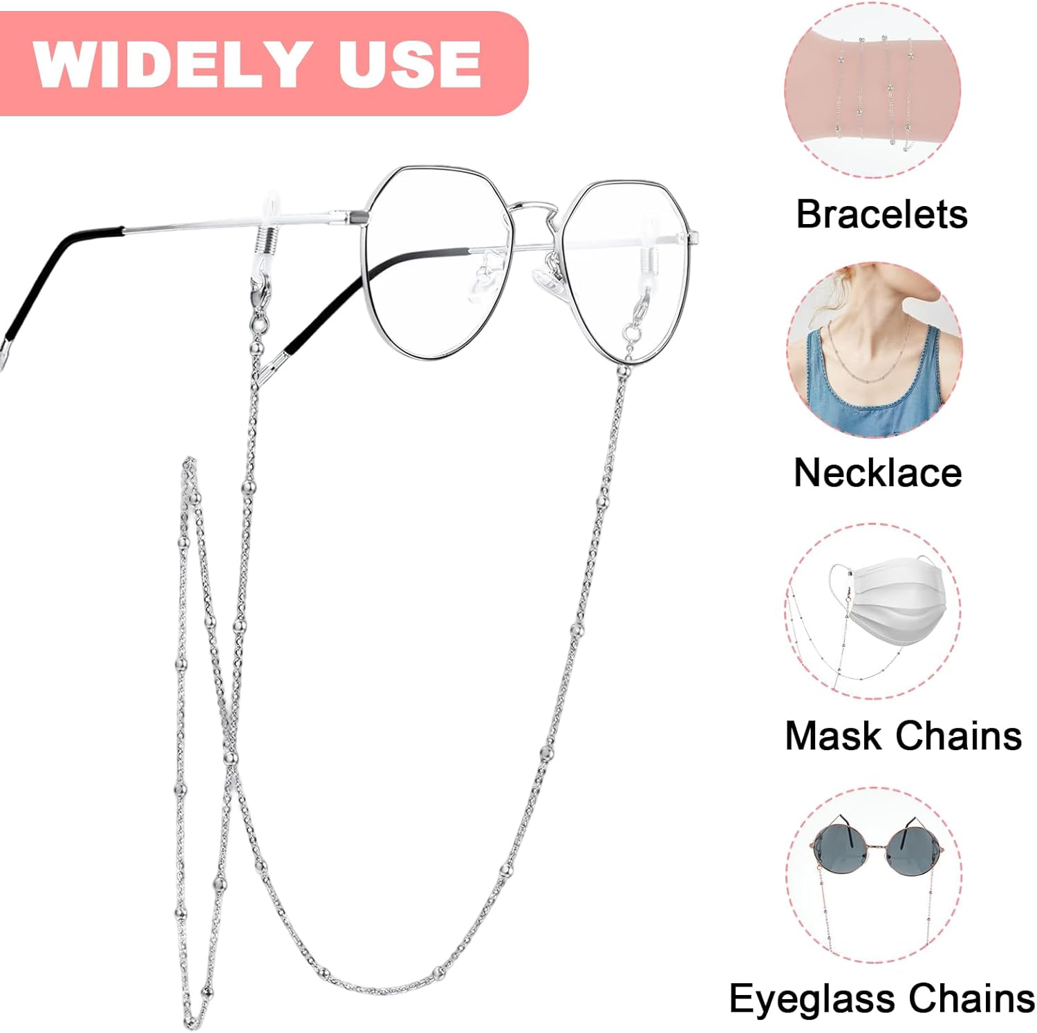 Glasses Chain, Adjustable KC Gold, Rose Gold, Black, 70Cm, Stylish Eyewear Retainer for Glasses Wearers, Fashion Accessory, Secure Face Mask Holder, Ideal Special Occasions image number 6