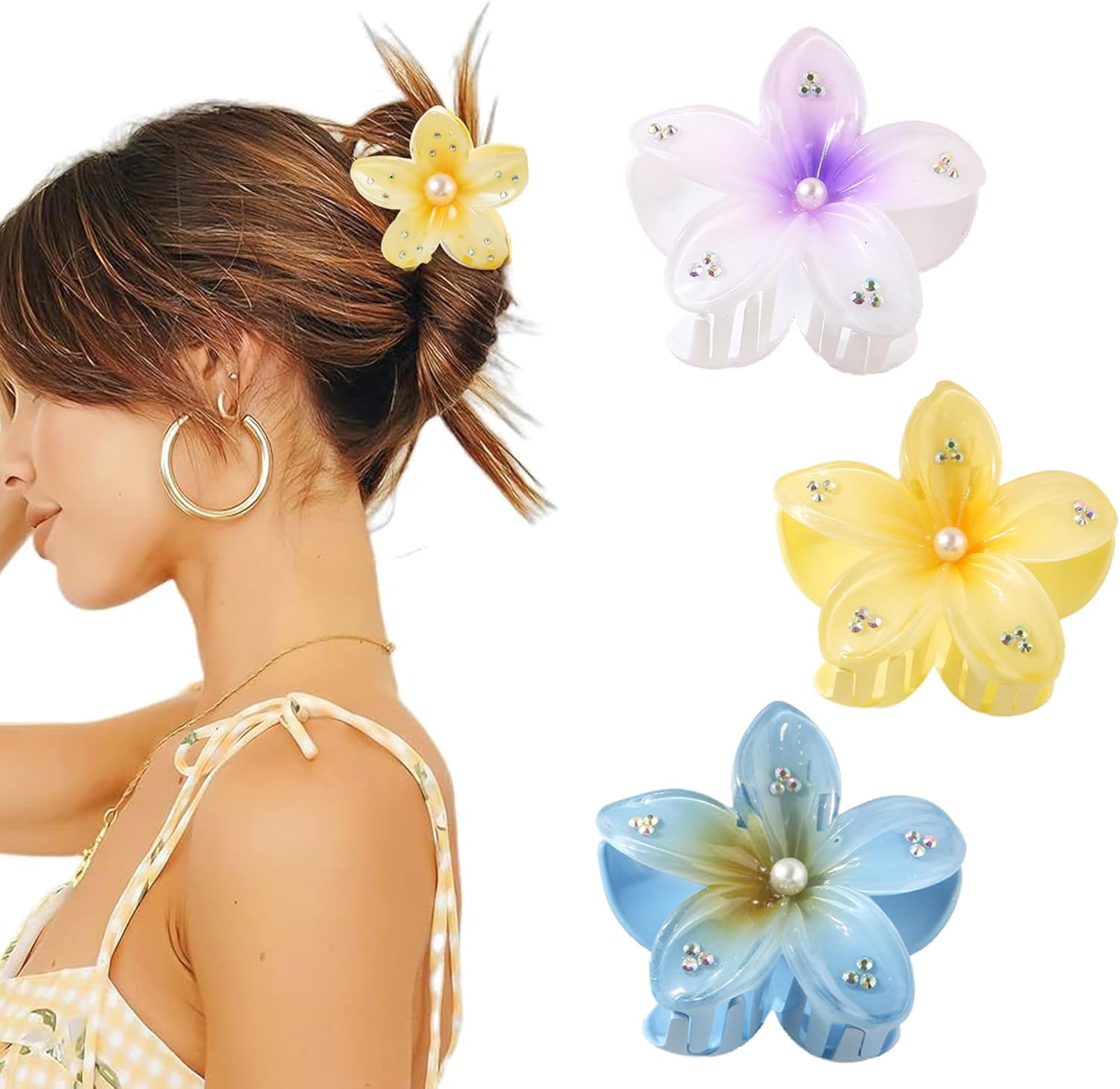 QIUMING Flower Hair Clips, Egg Flower Hair Clip, Non-Slip Hair Clips, Hawaiian Flower Claw Clips, Hair Clip, Flower with Rhinestones, Hair Styling Accessories for Thick, Thin Hair (White + Yellow + image number 6