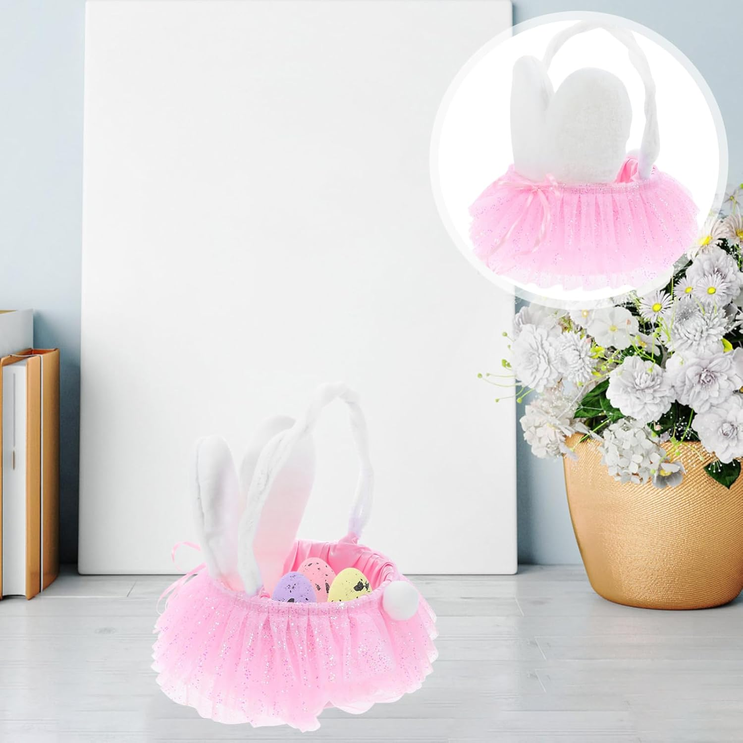 JOINPAYA Tutu Easter Bunny Ears Basket: Ruffled Shining Tulle with Fluffy Bunny Ears Basket with Handle for Girls Boys Party Favors Easter Basket Fillers Easter Eggs Hunt Easter Decorations image number 2