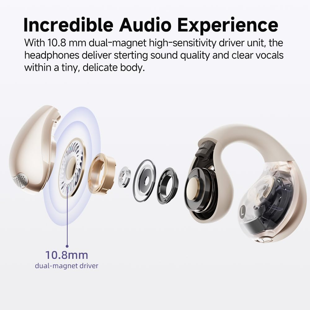QCY Crossky C30 Open Ear Earbuds Wireless Bluetooth, Clip-On Headphones with 4 ENC Noise Cancelling Mic, Stable Fit, Dual Connection, EQ Customized, Sports Earphones for Workout/Running (White)