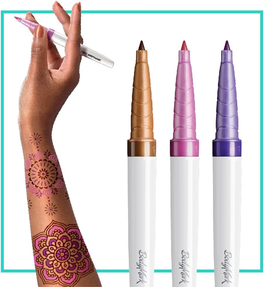 Bodymark BIC Temporary Tattoo Marker with Fine Tip, Mandala, Assorted Colors, Pack of 3 Markers + 3 Stencils