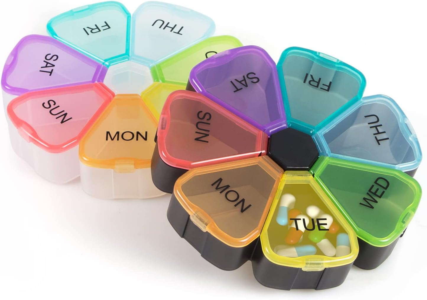 2 Pcs Weekly Pill Organizer KINGTLE Medicine Organiser Portable Flower Pill Dispensers Box, Large Capacity Medicine Organizer for Capsules Lozenges Health Pills image number 1