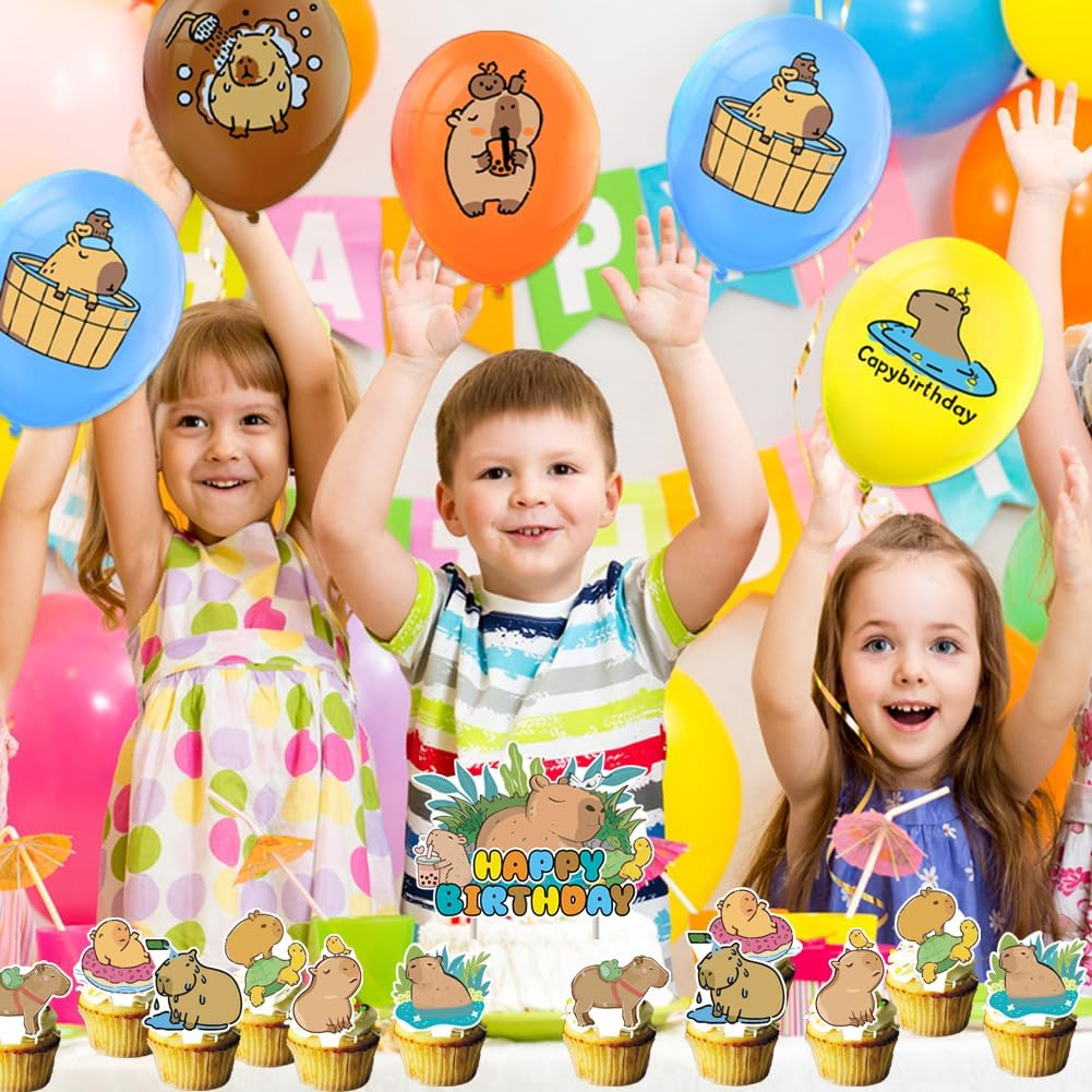 32PCS Capybara Theme Birthday Decoration,Capybara Theme Party Includes Birthday Banner Huggy Latex Balloons Cupcake Toppersfor Capybaracreative Party Birthday Party Christmas Supplies Kids image number 5