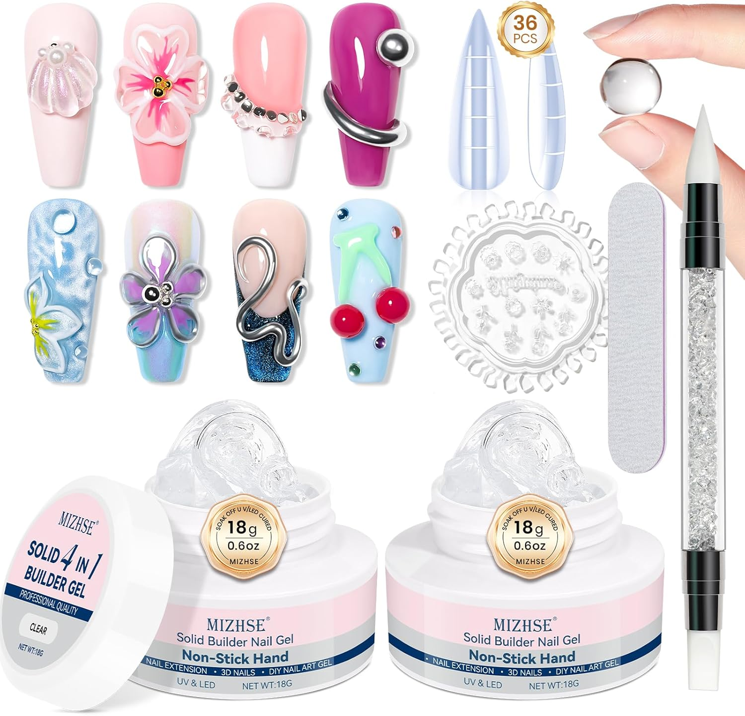 MIZHSE Solid Builder Gel: 2 Colors Clear & White Non-Sticky Hand 3D Nail Gel Sculpting Gel for Nail Art for Molding Modeling and Extension Soak off U V LED Starter Kit DIY Home Salon 18G