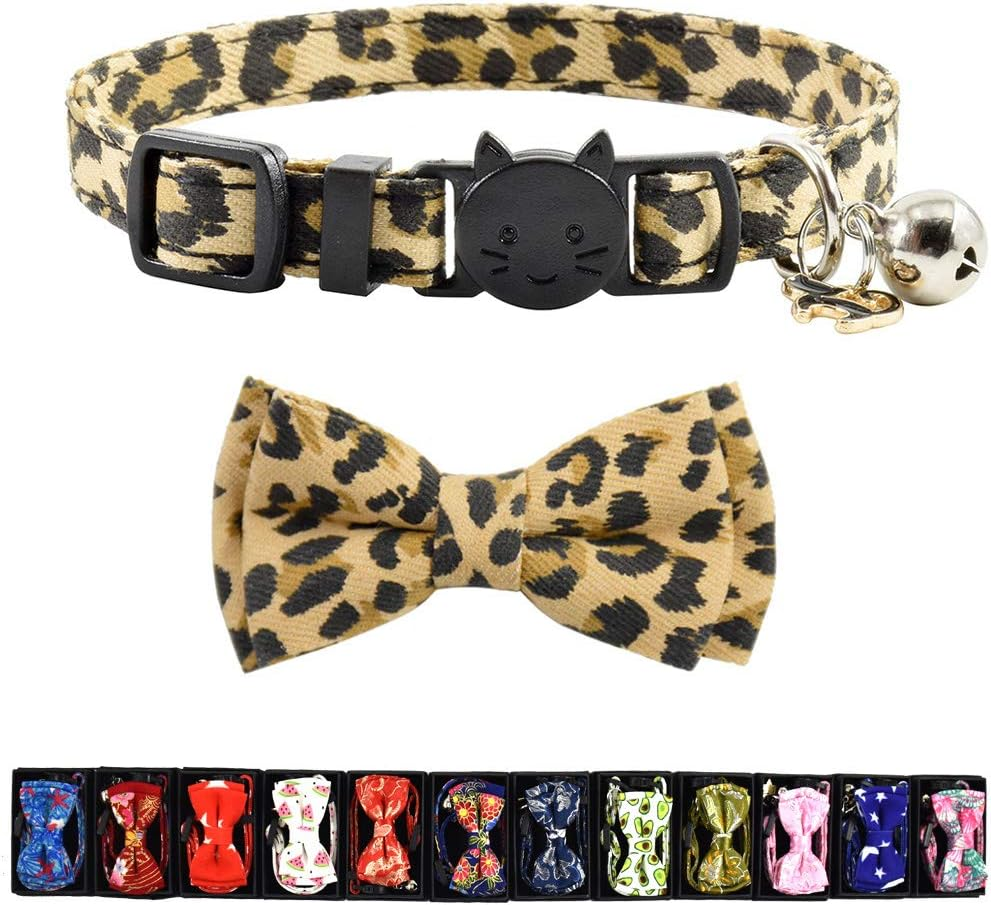 Bow Tie Kitten Collar with Bell and Accessories, Printing Breakaway Cat Collar for Kitty 10 Colors Adjustable 7.5-11In (Watermelon)