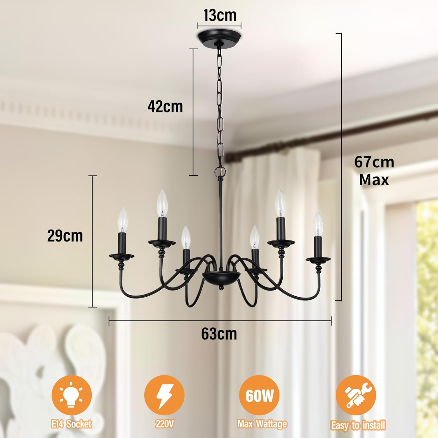 Black Farmhouse Chandelier 6-Light Candle-Style Chandeliers with Adjustable Chain, Rustic Metal Ceiling Light Fixture for Dining Room, Kitchen, Living Room or Entryway, E14 Base