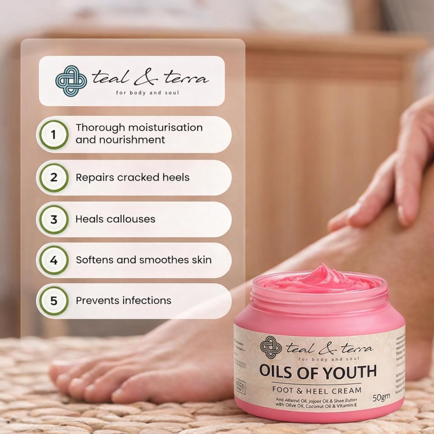 Teal & Terra Foot & Heel Repair Treatment Cream for Cracked Heels, Dry Skin, Feet Repair, Rough Heel, Knee Softens Hydrates Dry Feet, 50 G image number 5
