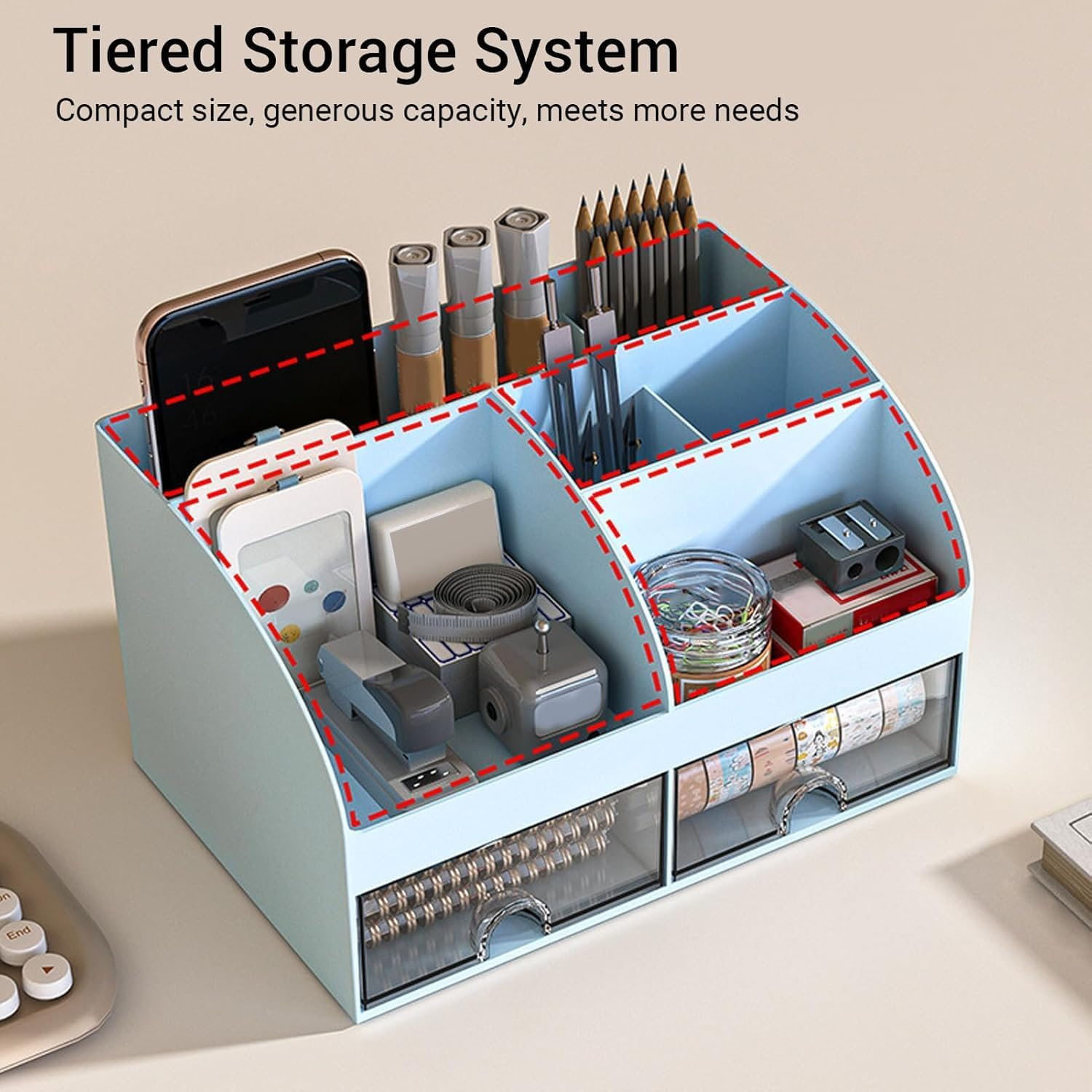 Tinyso Multifunctional Desk Organizer with 2 Drawers & 7 Grids,Large Capacity Plastic Stationery Organizer,Tidy Desktop Storage Box,Ideal Desk Accessories for Home,Office Decor(Blue) image number 2