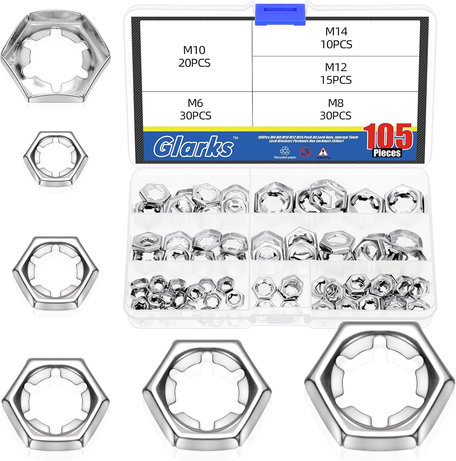 Glarks 105Pcs M6 M8 M10 M12 M14 Push on Lock Nuts Assortment Kit, 304 Stainless Steel External Push Rings Nuts, Quick Speed Locking Nut, Internal Tooth Star Lock Nut for Shaft and Stud