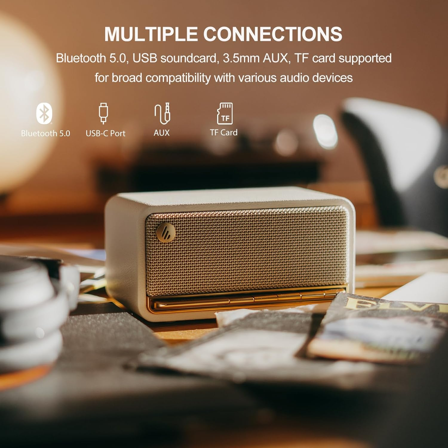 Edifier MP230 Wooden Portable Bluetooth Speaker, Wireless Desktop Stereo Speaker with 20W RMS, 10H Playtime, Bluetooth 5.0, USB, AUX, TF Card Inputs - White - Brown image number 2