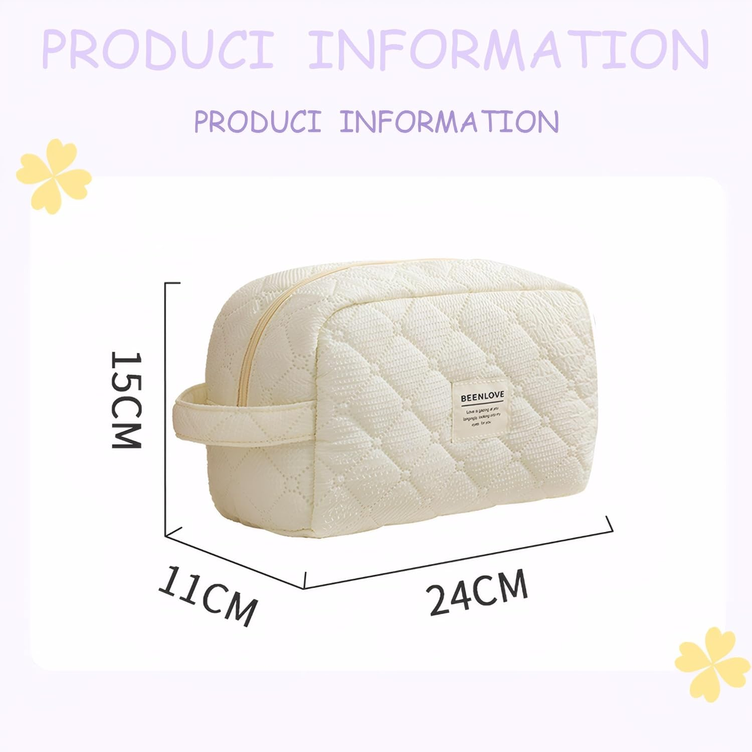 Quilted Cotton Makeup Bag Travel, Portable Toiletry Cosmetic Pouch Organiser (Off White) image number 3