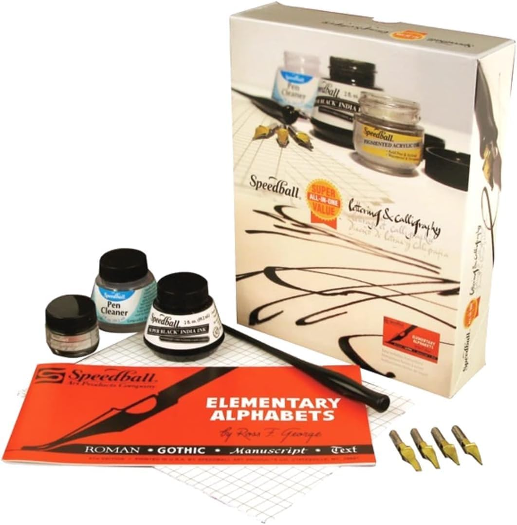Speedball Super Value Lettering & Calligraphy Ki Black,Silver, Beginner Calligraphy Kit with Broad‑Edge Nib Set