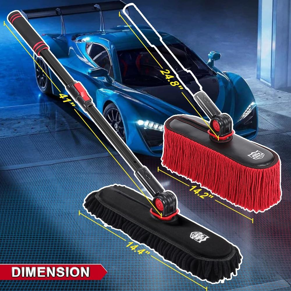 2In1 Brush and Duster for Car Exterior,Chenille Car Wash Brush Mop*1Pc,Wax Cotton Car Duster Mop*1Pc Remove Dust,Freely Switch a Retractable Black Steel Pole,Car Cleaning Supplies for Truck Rv Boat image number 3
