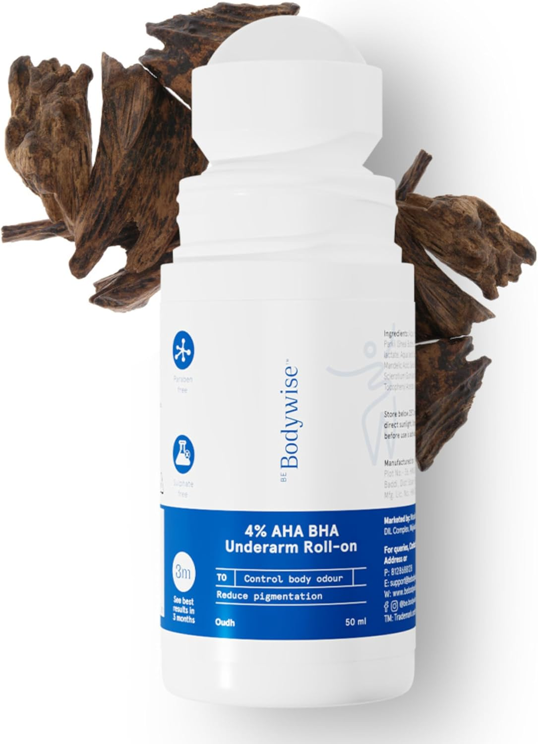 Be Bodywise 4% Aha Bha Underarm Roll on 50Ml | 2% Lactic Acid, 1% Mandelic Acid, 1% Salicylic Acid | Controls Odour & Reduces Pigmentation | 0% Alcohol & 0% Aluminium | Oudh Fragrance image number 1