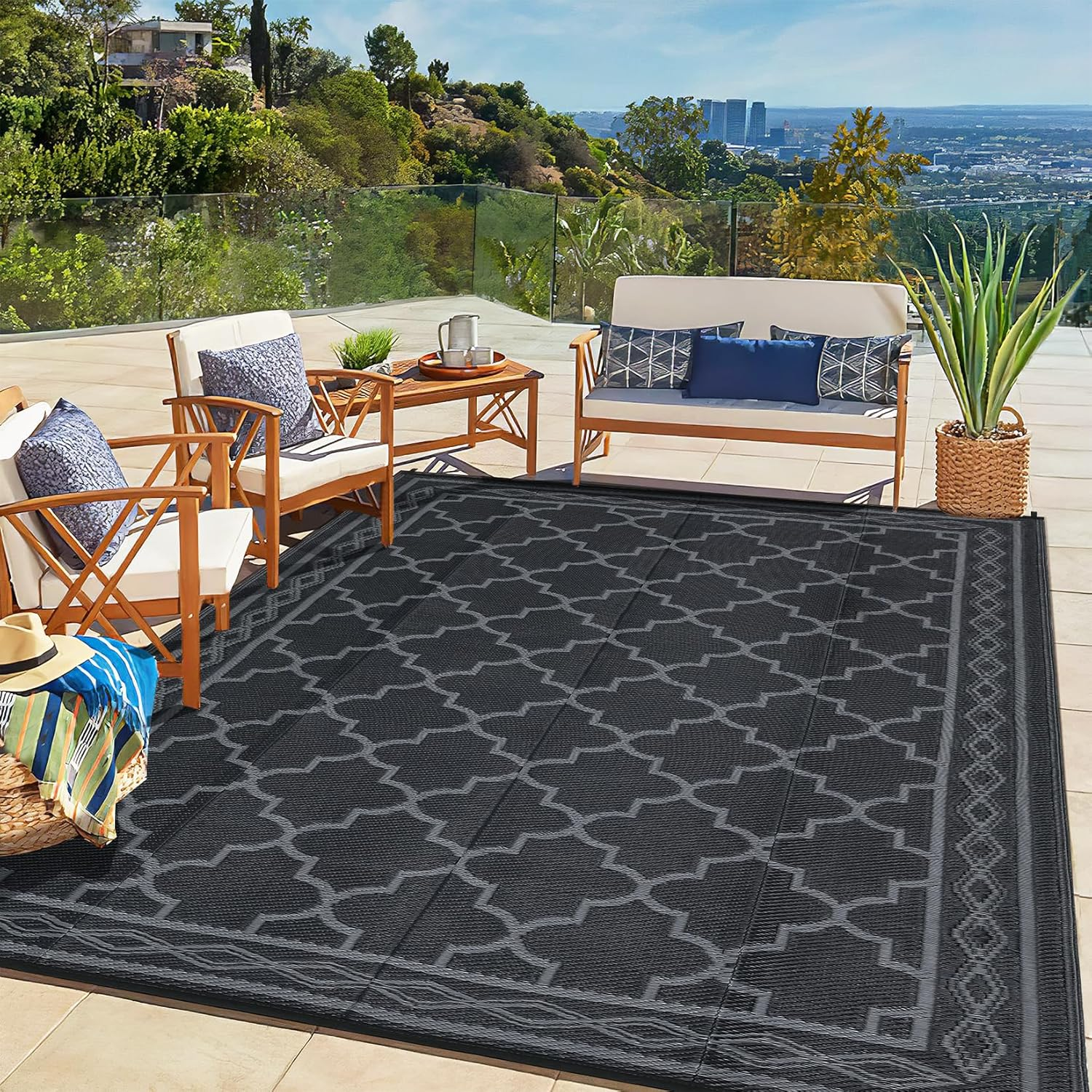 Lintimes Outdoor Rug for Patio Clearance, 152 X 244 Cm Reversible Mats, Waterproof Carpet, Plastic Straw Rug for Indoor Outdoor, Floor Mat&Rug for RV Porch Backyard Deck Beach, Black Gray