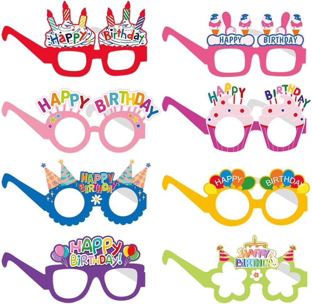 Happy Birthday Party Paper Glasses, 8 Pack Decorative Photo Props, Multi-Coloured image number 2