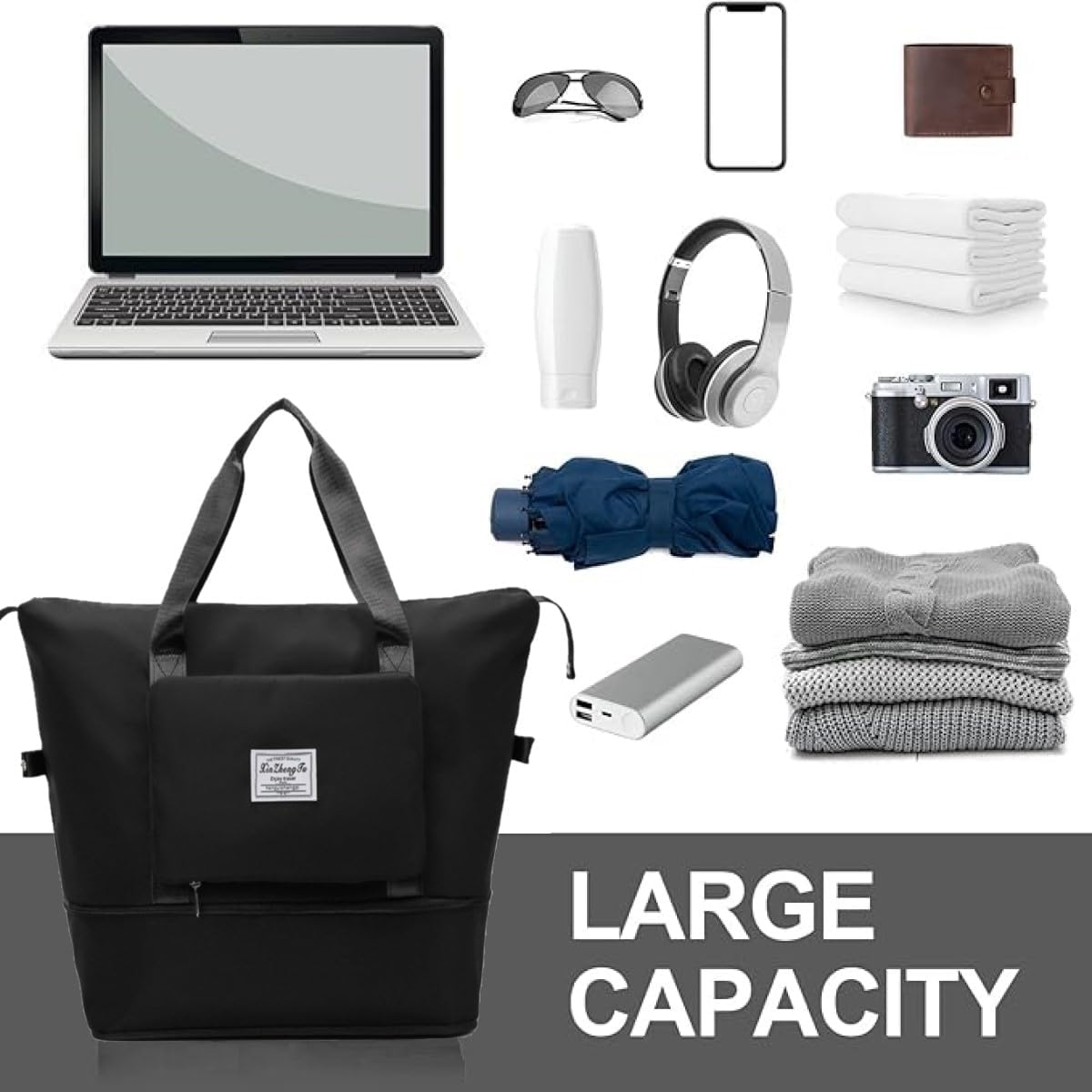 Large Capacity Folding Travel Duffel Bag - Waterproof Lightweight Gym Bag with Wet and Dry Separation, #1 Black, Large image number 2