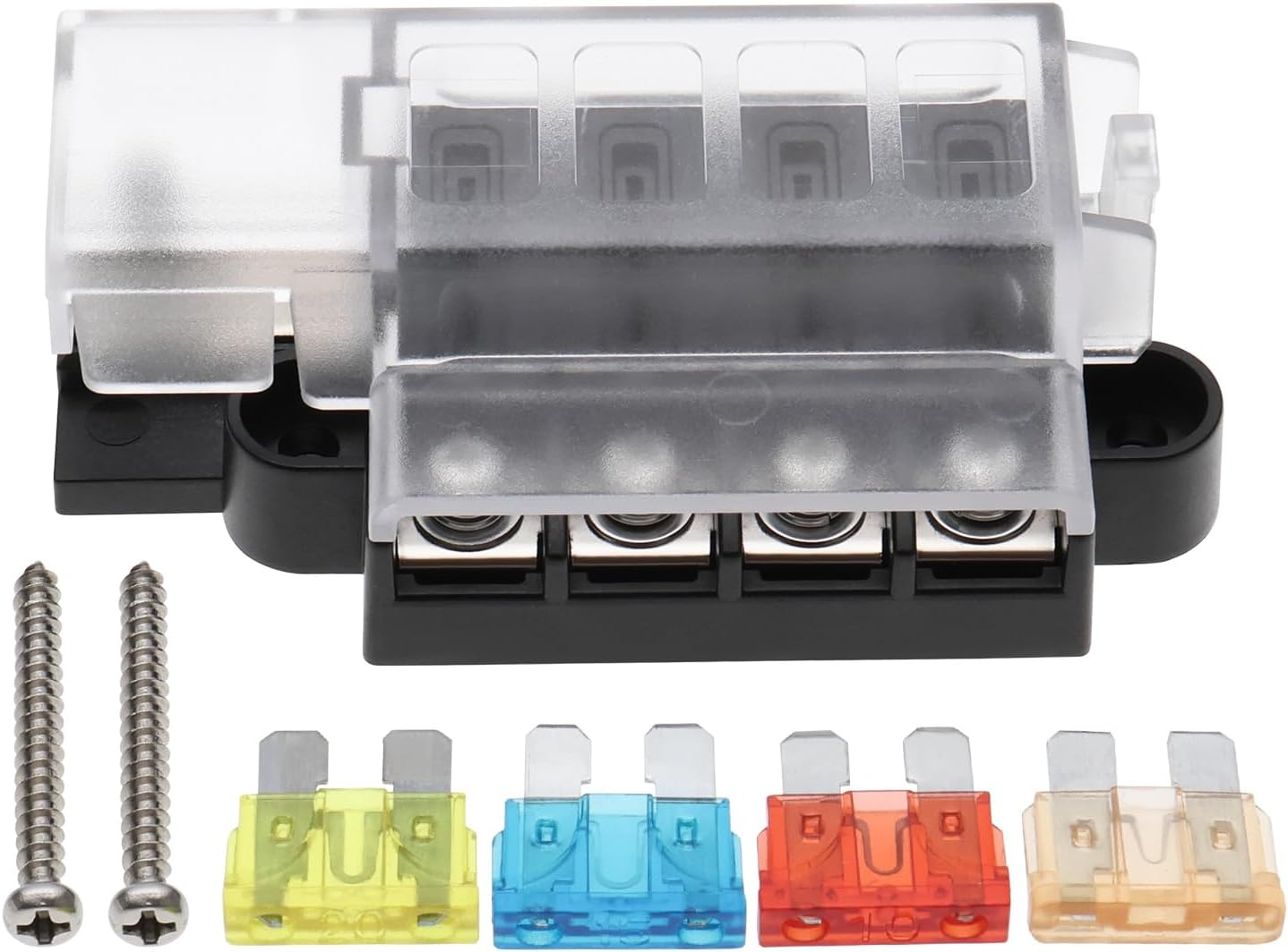 SING F LTD 1 Set of 12V-24V Automotive 4 Way Waterproof Fuse Box Metal Fuse Box 9.3X4.4Cm with Screws and 5A 10A 15A 20A Fuse for Trucks Cars Ships Black