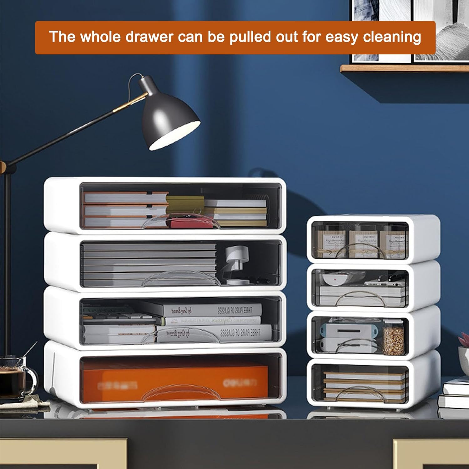 UPAUS Stackable Desk Storage Drawers, 4PCS Vanity Drawer Makeup Container, Versatile Storage Case Desktop Jewelry Cabinet, Plastic Desk Organizer for Office, Home, Bathroom (Small) image number 2