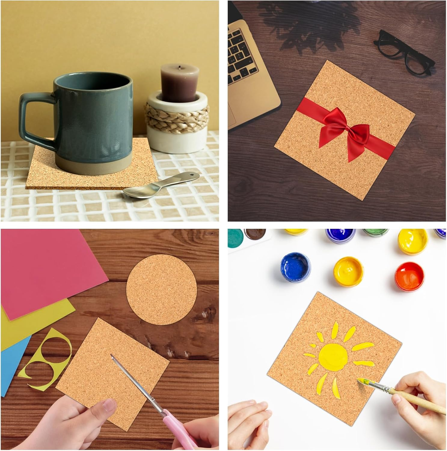 YBVABE Self-Adhesive Cork Coasters Squares 10X10Cmx2Mm &ndash; 60 Pack Thin Cork Sheets for DIY Crafts, Wall D&eacute;cor & Drink Protection &ndash; Natural Lightweight Coasters Pads for Home or Office image number 4