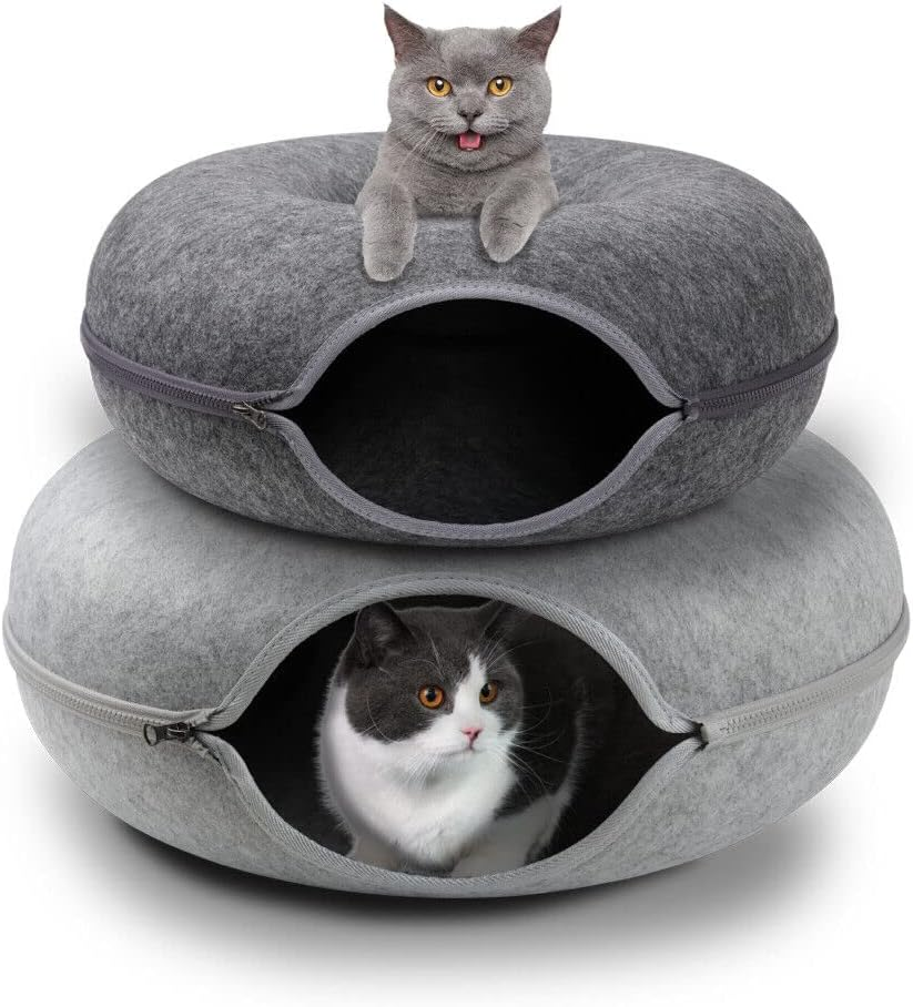 VAKA Felt Cat Cave Bed with Zipper &ndash; 59X59X29Cm Donut-Shaped Cat Tunnel Bed for Indoor Cats &ndash; Washable & Detachable Cat House for Multiple Cats, Dark Grey
