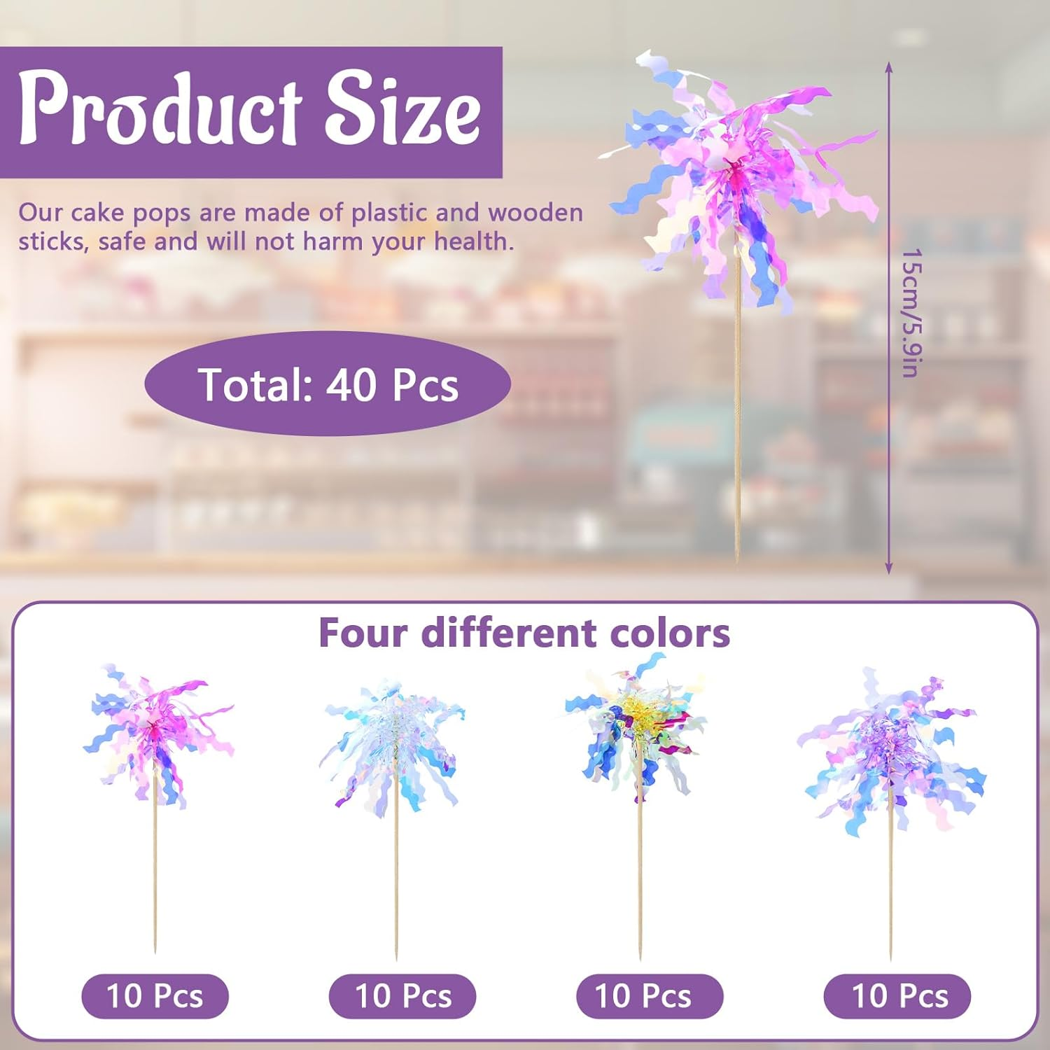 40 Pieces Colorful Firework Cupcake Toppers, Sparkle Tinsel Birthday Cake Decorations, Foil Frill Toothpicks for Christmas Wedding Party Graduation Ceremony Decor (Style 2) image number 3