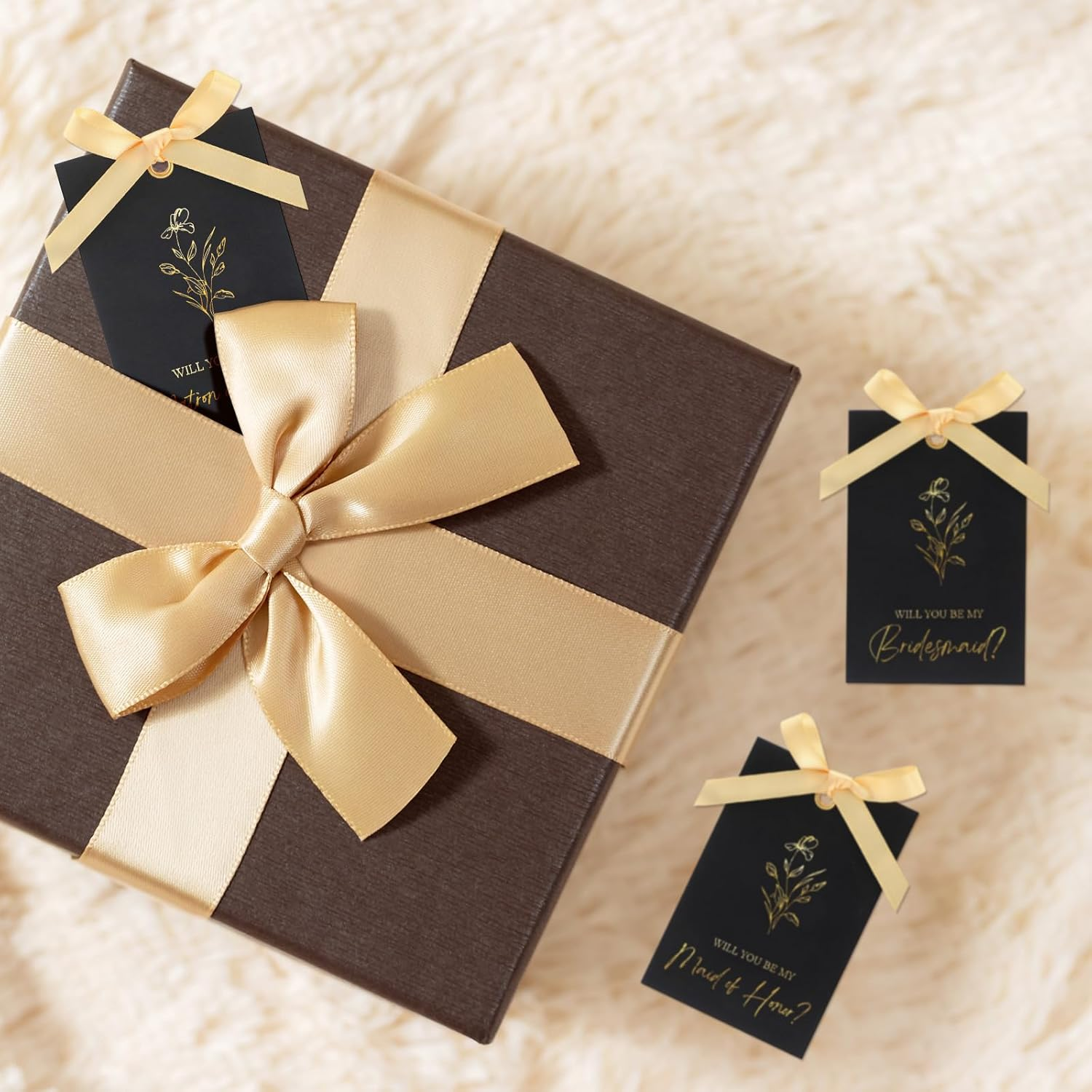 11 Pcs Bridesmaid Proposal Card with Ribbon Bow Floral Metallic Bridal Gift 8 Will You Be My Bridesmaid 2 Maid of Honor 1 Matron of Honor Invitation for Bridal Shower (Black, Gold)