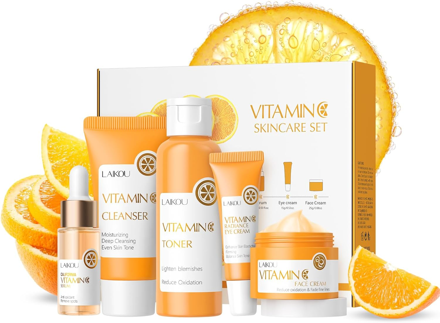 LAIKOU Skin Care Set Vitamin C Women Beauty Gift Sets Skin Care Kit with Cleanser, Toner, Serum, Eye Cream, Face Cream Travel Kit for Women Teen Girls Mom Daughter Birthday Tsa-Friendly Sizes 5Pcs image number 4