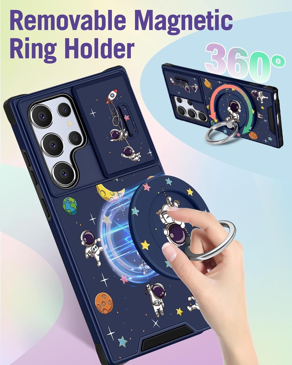 Buleens for Samsung Galaxy S25 Ultra Case - with Ring Stand & Camera Cover Aesthetic Cute Designed for Women Girls Girly Cool Cartoon Astronaut for Samsung S25 Ultra Phone Case Compatible with Magsafe