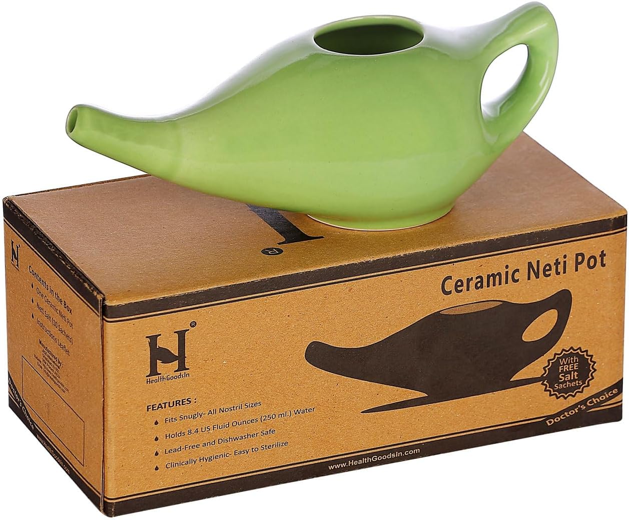 Healthgoodsau - Ceramic Neti Pot for Nasal Cleansing with 5 Sachet Neti Salt - Green Color image number 5