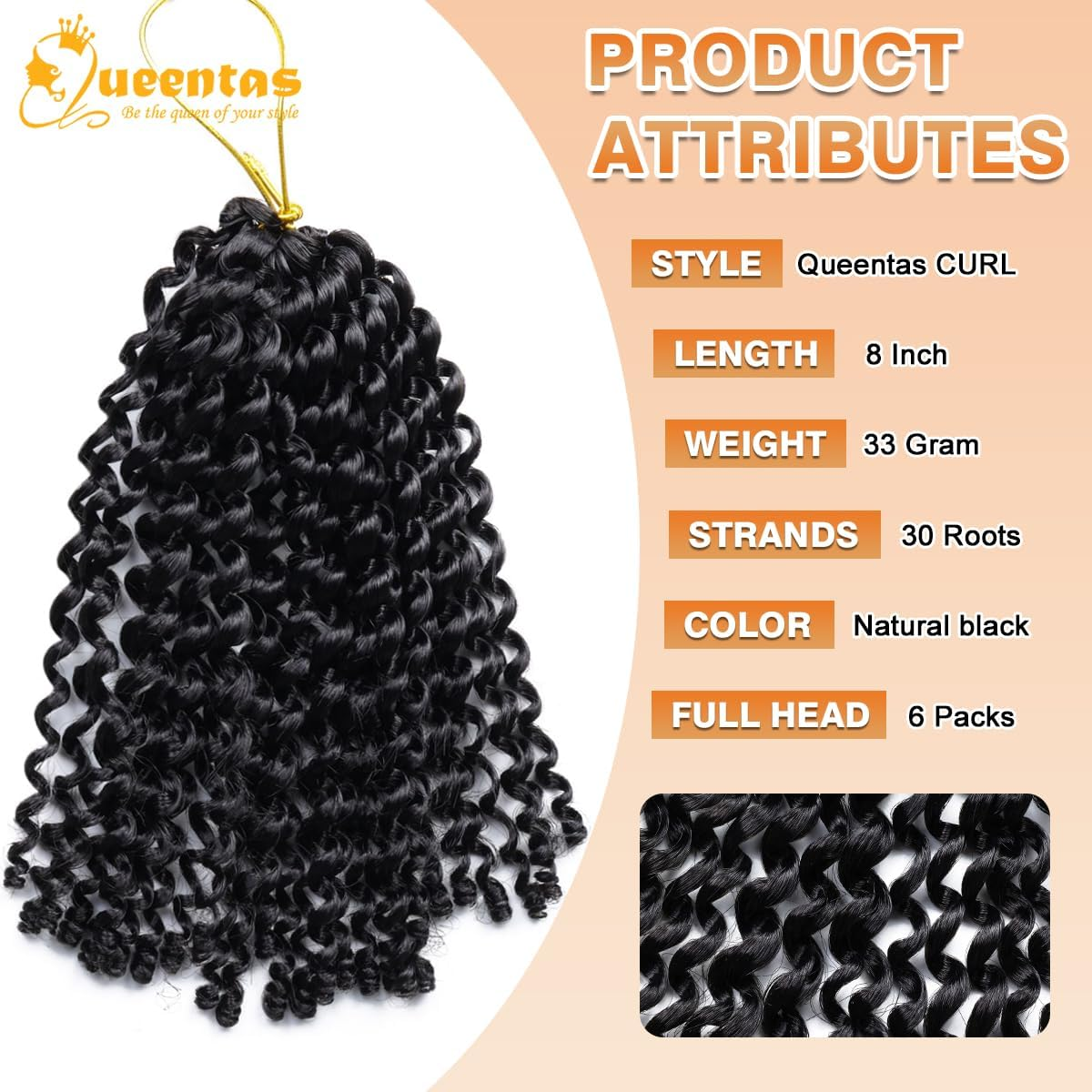 QUEENTAS Micro Kinky Curly Crochet Hair for Women 8 Inch Pre Looped Micro Twist Braiding Hair for Mini Passion Twist 6 Packs (Black) image number 1