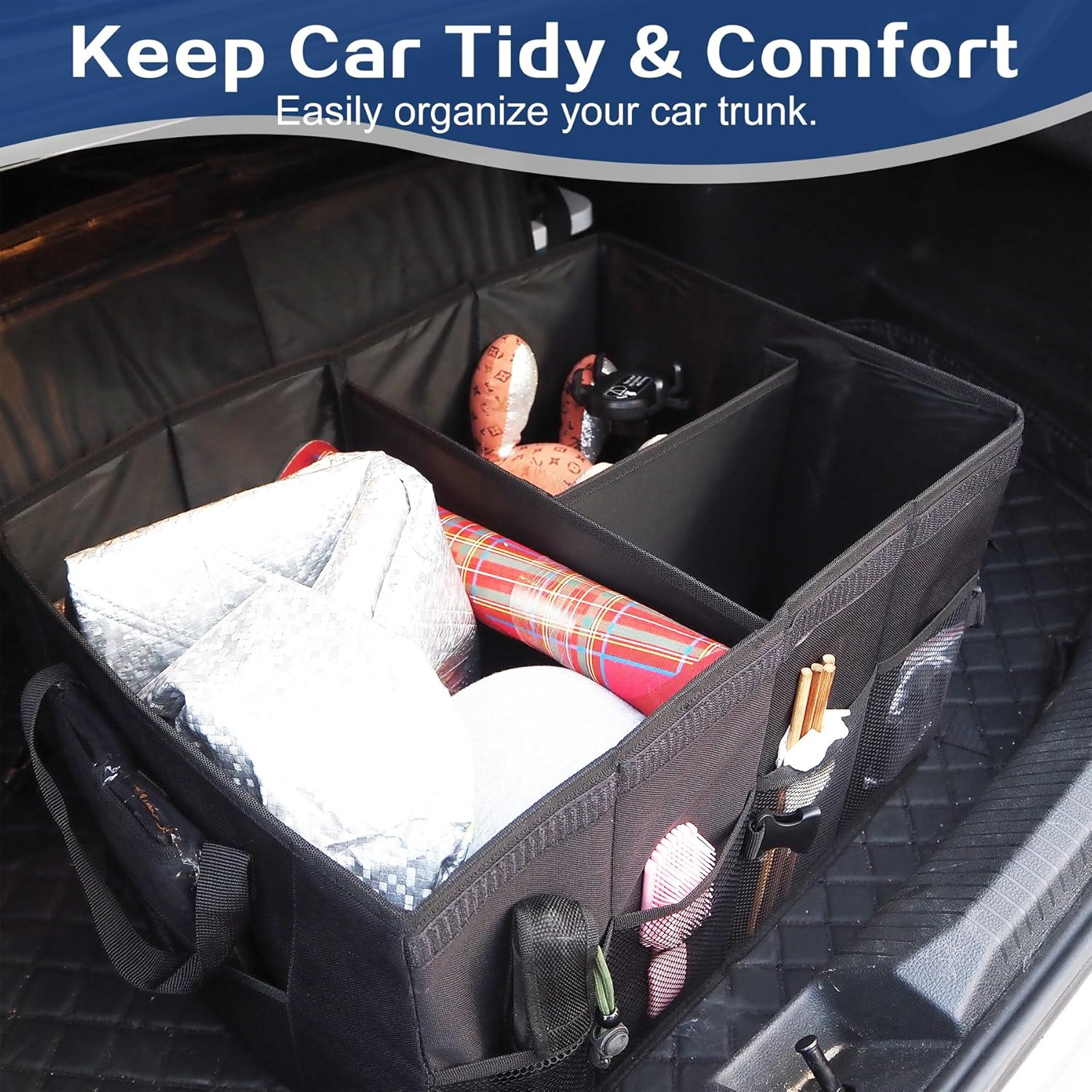Car Boot Organizer with Lid, Collapsible Trunk Organizer with 12 Pocket, Non Slip Portable Multi Compartment Boot Tidy Sturdy Storage Box for Suvs, Sedans, Truck, Pickup Accessories (Black) image number 6