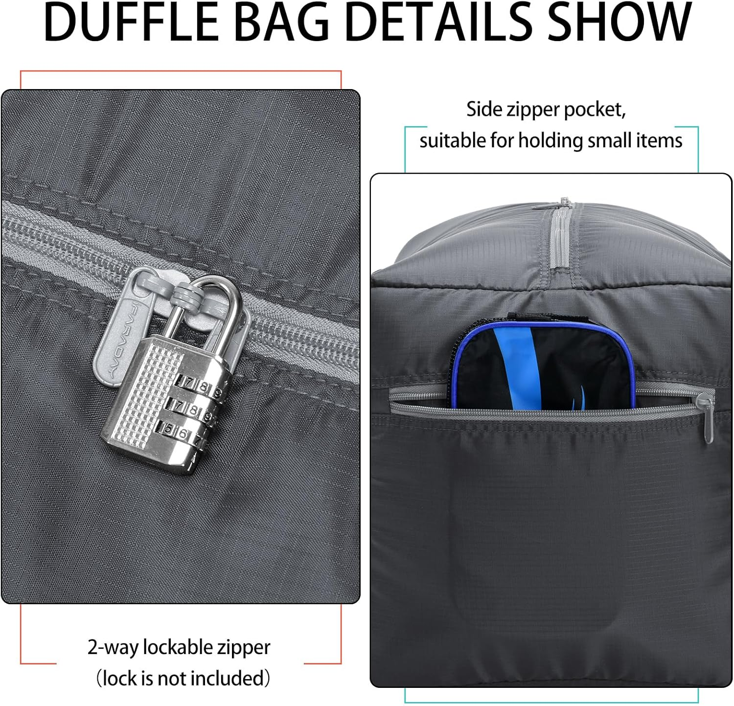 Foldable Duffel Bag 30" Lightweight 75L with Water Resistant (Grey) - Black image number 3
