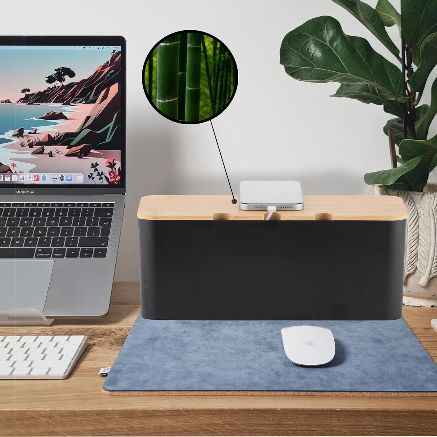 Zarek Set Two of Bamboo Cover Cable Management Box, Large Storage Tidy,Wires Keeper Holder for Computer, Desk, TV, Phone Holder, Powerboard Charging Cable, Strong Organiser Box on Home&Office（Black） - Black image number 4