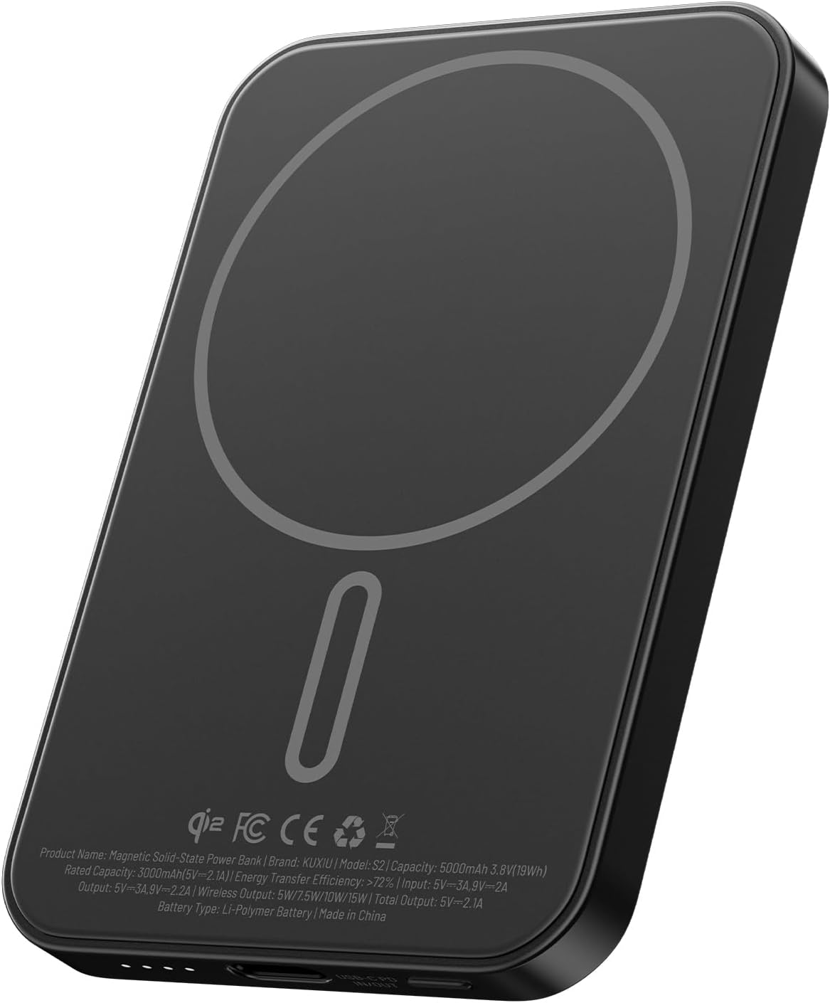 KU XIU S2 Solid-State Magnetic Wireless Power Bank 5000Mah, Qi2-Certified 15W Fast Charging Portable Battery Pack, High Energy Density & Safe Design, Travel-Friendly Wireless Charger for Iphone 17&ndash;12