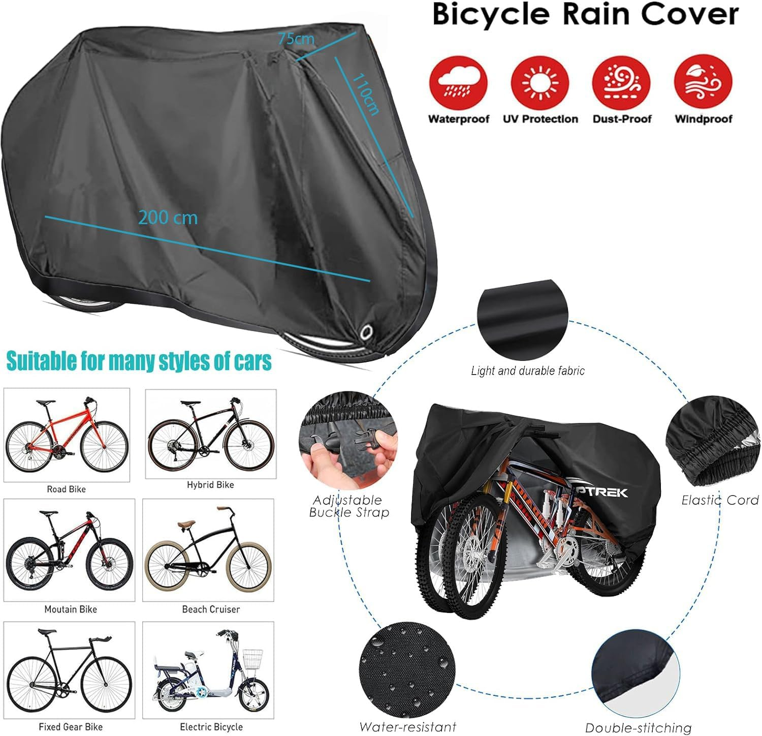 Bike Cover Outdoor Waterproof Bicycle Cover, Bike Cover for 1 or 2 Bikes, 210D Oxford Fabric with Lock Hole and Storage Bag, Windproof UV Sun Snow Dustproof for Mountain Road Bike Sport Bike