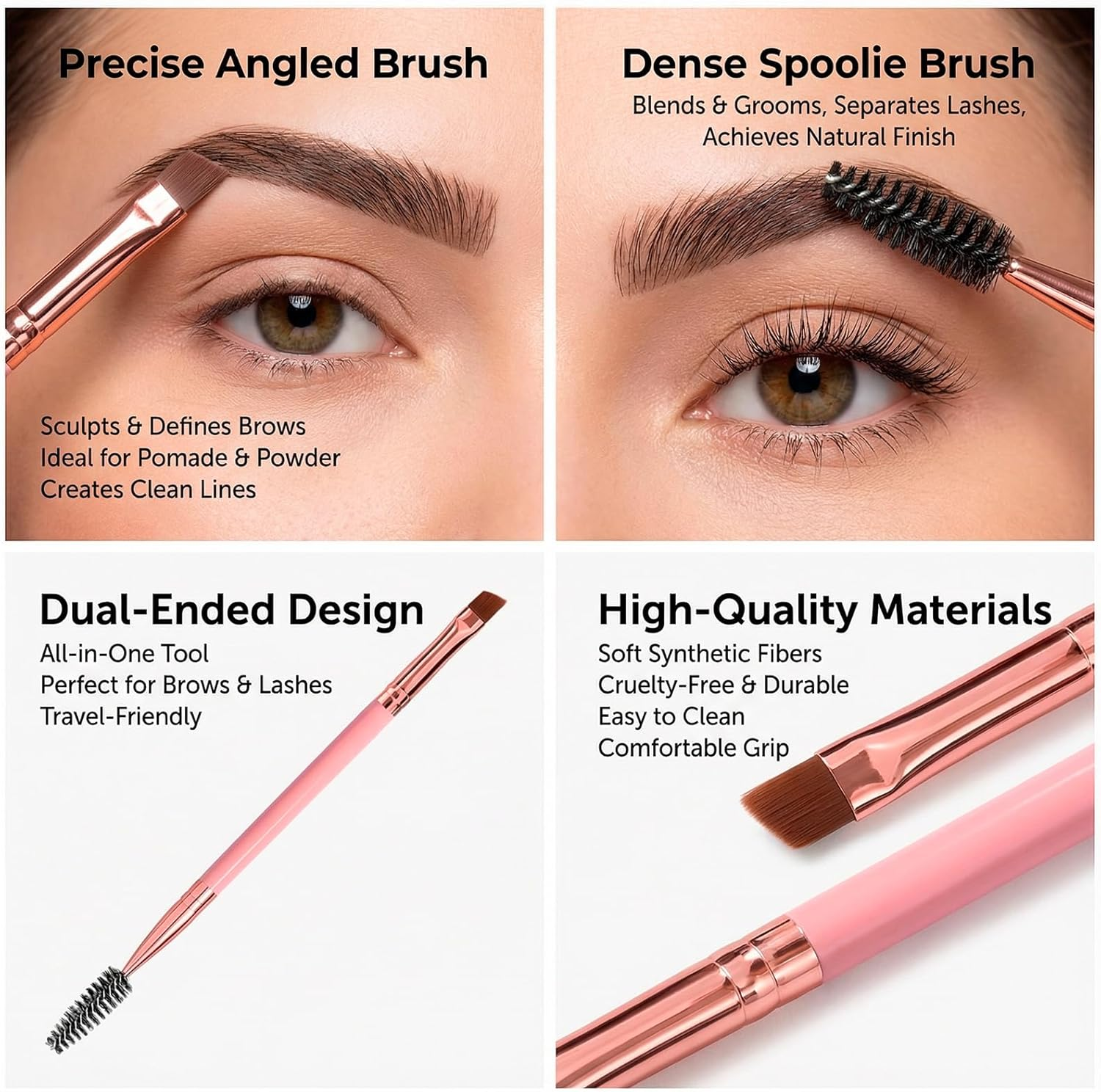 Xolixorium Duo Eyebrow Brush Spoolie Brush and Angled Brow Brush Eyelash Brush for Eye Makeup 5Pcs Set with Professional Spoolies for Precise Application Pink Color