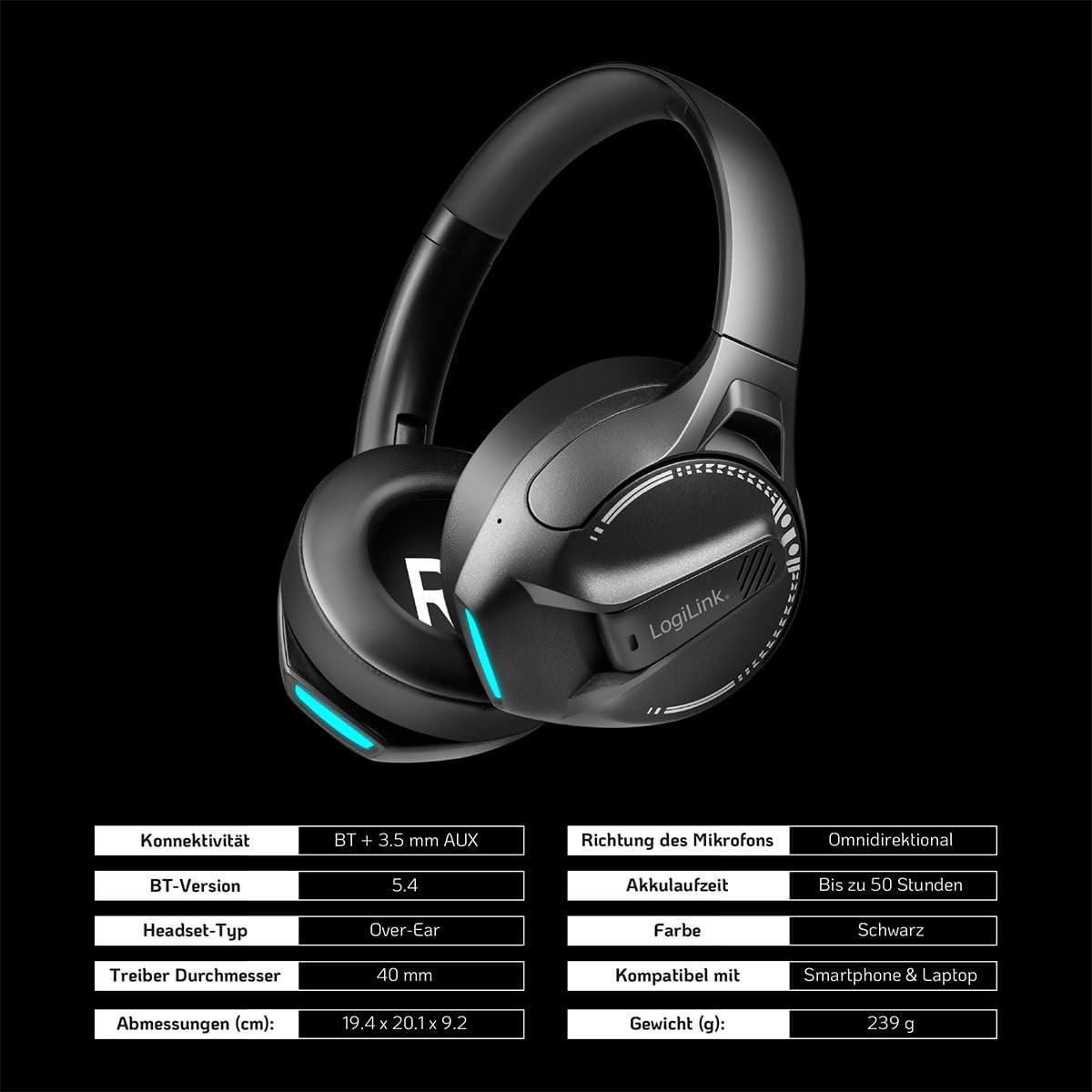 Logilink BT0070 BT 6.0 Gaming Headset 3.5Mm AUX Adjustable Headband 50 Hours Battery Life Black image number 4