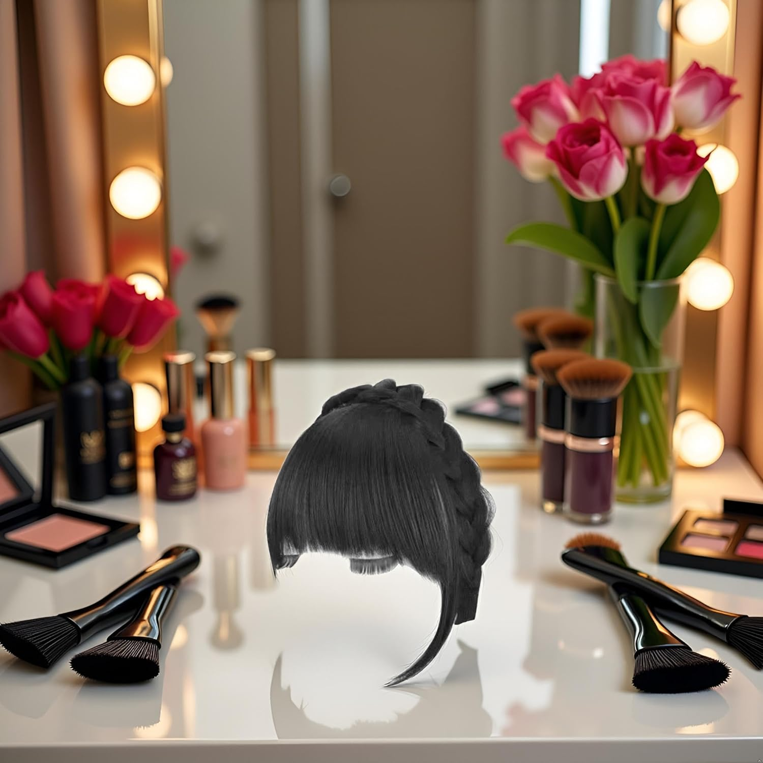 Wyjuan Black Fluffy Fake Hair Band Bangs with Sideburns, Heat Resistant Synthetic Wig, Trendy Braid Headband Hair Accessory, Invisible Band, One Size