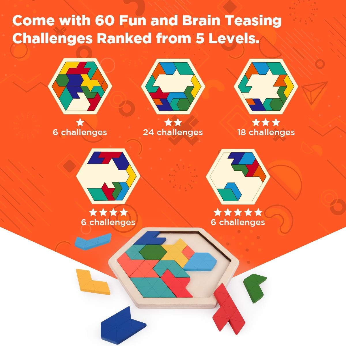 Vanmor Wooden Hexagon Tangram Puzzle for Kids Adults Geometric Shape Pattern Blocks Brain Teaser Puzzles with 60 Solution, Logic Mind Puzzles Travel Game for All Ages New Year Gifts image number 5