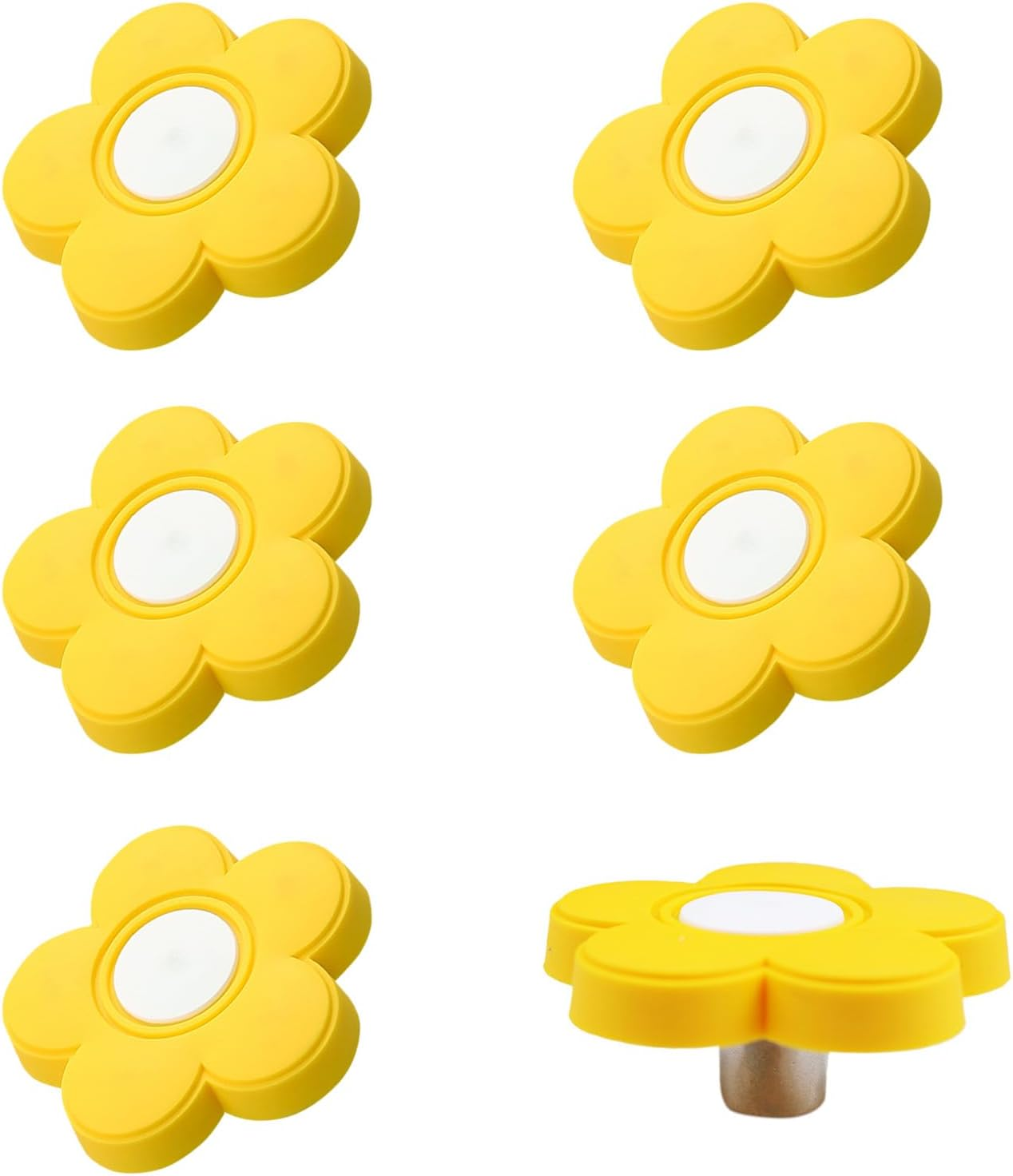 6Pcs Yellow Flower Shape Knobs - Soft Rubber Handles, Cabinet Drawer Pulls for Kids' Rooms & Closets, 1.8X1.8X0.85 Inch with Screws image number 4
