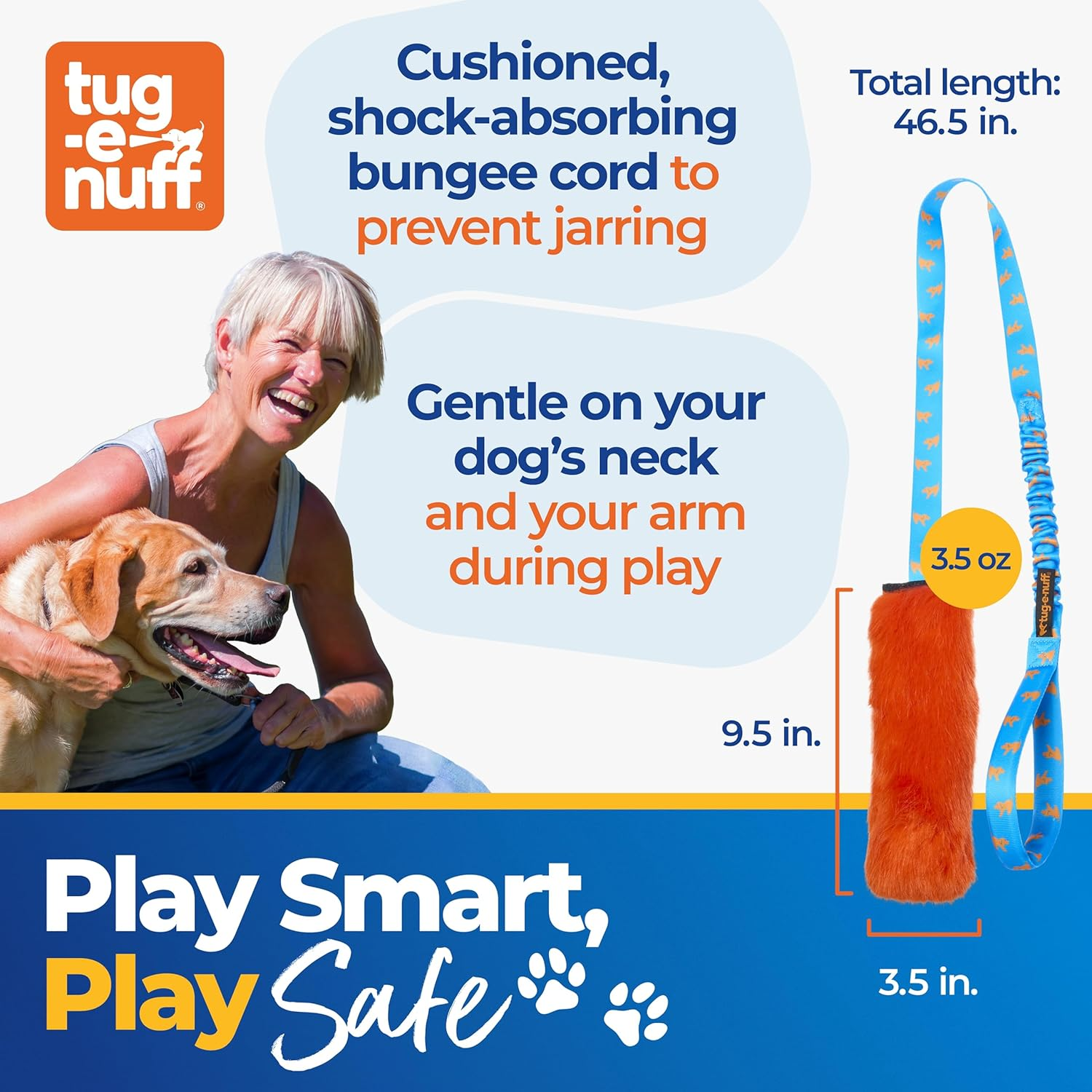 Tug-E-Nuff Faux Fur Squeaky Bungee Chaser Dog Toy, Tough Dog Tug Toy for Puppy, Small, Medium and Large Breeds, Interactive Training Chase Toys for Dogs, 46.5 In, Orange & Blue image number 3