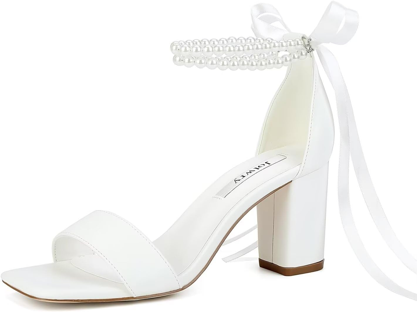 Jotwry Block Heel Wedding Shoes for Bride Pearl Heels Wedding Sandals Square Open Toe Bridal Shoes