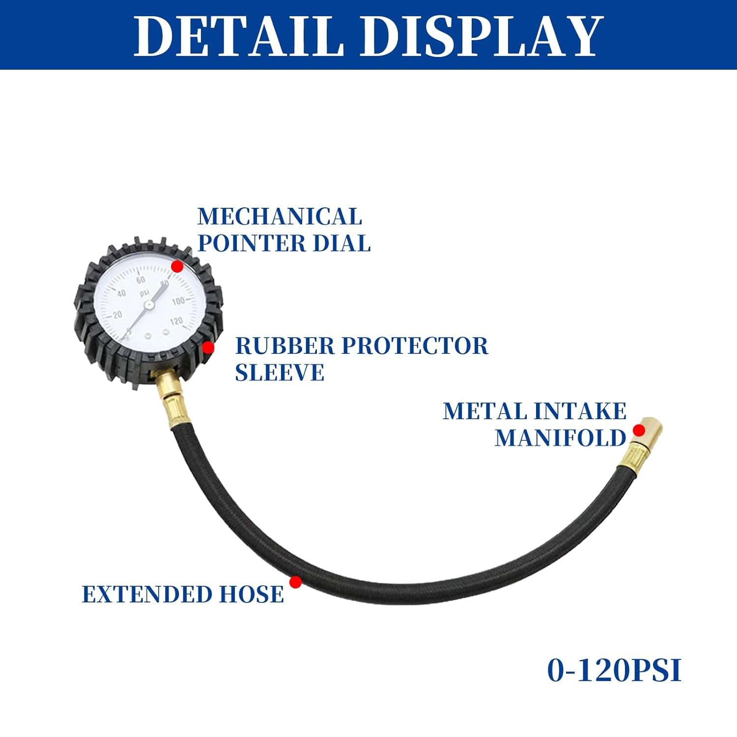 Heavy Duty Tire Pressure Gauge - 60 PSI, Certified ANSI B40.1, Accurate Measurement with 2" Glow Dial, Durable Rubber Hose, Solid Brass Construction for Cars, Trucks, and Motorcycles